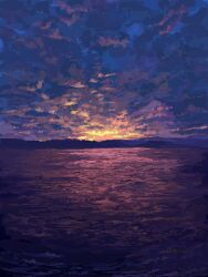Rule 34 | blue sky, cloud, cloudy sky, dark, glowing, highres, hisachan55cute, mountainous horizon, no humans, ocean, original, pixel art, reflection, reflective water, scenery, sky, sky focus, sunset, water
