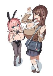 2girls absurdres animal_ears bag black_bow black_bowtie black_pantyhose blue_eyes blue_skirt blush bow bowtie breasts brown_eyes brown_hair brown_jacket cleavage collared_shirt commentary double_w fake_animal_ears fang flying_but flying_button gungye highres holding holding_bag huge_breasts jacket kotobuki_mayuki large_breasts leotard long_hair long_sleeves michinoku_komaro multiple_girls open_mouth oppai_loli pantyhose pink_hair playboy_bunny pleated_skirt popped_button rabbit_ears school_bag seitokai_ni_mo_ana_wa_aru! shirt shoes simple_background skirt socks standing symbol-only_commentary te_background w white_shirt white_socks