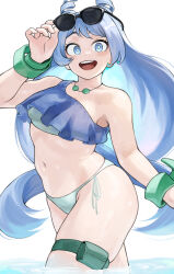 Rule 34 | 1girl, absurdres, bikini, blue eyes, blue hair, blush, boku no hero academia, breasts, drill hair, eyewear on head, fengling (furin-jp), hado nejire, hair horns, highres, jewelry, large breasts, long hair, looking at viewer, navel, necklace, open mouth, pouch, simple background, smile, solo, stomach, sunglasses, swimsuit, thigh pouch, twin drills, very long hair, white background