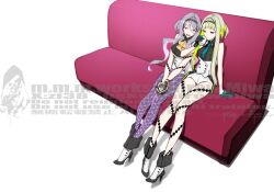 2girls :d aqua_necktie ascot bare_shoulders black_gloves black_shirt couch cup devil_summoner_(series) figue_(soul_hackers_2) gloves green_hair half_gloves highres holding holding_cup looking_at_another miwa_shirow multiple_girls necktie open_mouth pantyhose pink_eyes purple_hair purple_pantyhose ringo_(soul_hackers_2) shirt short_hair_with_long_locks shorts sitting smile soul_hackers_2 vest watermark white_shorts white_vest yellow_ascot yellow_eyes