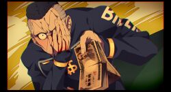 1boy black_hair blood blood_on_face chromatic_aberration covering_one_eye diamond_wa_kudakenai gakuran grey_hair hand_on_own_face highres holding holding_money injury jojo_no_kimyou_na_bouken male_focus money multicolored_hair nijimura_okuyasu pompadour school_uniform siniy solo two-tone_hair yen