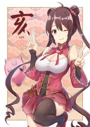 10s 1girl 2019 ahoge bare_shoulders black_thighhighs boar_(chinese_zodiac) border bow bowtie breasts brown_hair brown_thighhighs chinese_clothes chinese_new_year chinese_zodiac cleavage cleavage_cutout clothing_cutout commentary_request covered_navel cowboy_shot detached_sleeves double_bun double_v female_focus frilled_sleeves frills hair_bun hair_ornament hands_up highres leg_up long_hair long_sleeves looking_at_viewer medium_breasts miniskirt motion_blur one_eye_closed original outside_border parted_lips personification pig pleated_skirt purple_eyes red_bow red_bowtie red_shoes red_skirt shoes sidelocks skirt sleeves_past_wrists smile solo standing standing_on_one_leg thighhighs translated twintails v very_long_hair white_border wide_sleeves wink zettai_ryouiki zhi_zhi/zu_zu
