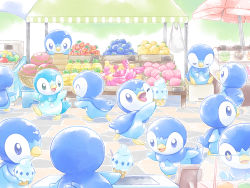 +_+ alternate_color beans berry_(pokemon) blue_eyes casteliacone cheri_berry closed_eyes commentary_request drooling food gen_4_pokemon highres holding holding_food holding_ice_cream ice_cream market market_stall nanab_berry nintendo no_humans one_eye_closed open_mouth oran_berry pecha_berry pinap_berry piplup poffin poke_puff pokemon pokemon_(creature) saliva samsung_(yuzuikka) shiny_and_normal shiny_pokemon sitrus_berry sitting standing toes tongue watmel_berry