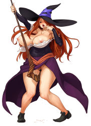 1girl bare_shoulders blush bobobo bouncing_breasts breast_slip breasts brown_hair censored curvy detached_sleeves dragon&#039;s_crown dress elbow_gloves female_focus female_masturbation female_pubic_hair finger_in_own_mouth gloves hair_over_one_eye hat hip_focus huge_breasts long_hair masturbation nipple_slip nipples object_insertion orange_hair plump pubic_hair pussy pussy_juice red_eyes solo sorceress_(dragon&#039;s_crown) staff strapless strapless_dress sweat tongue vanillaware wide_hips witch witch_hat