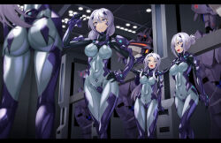 4girls :d armored_bodysuit ass blue_bodysuit blue_eyes bodysuit breasts commentary_request covered_erect_nipples covered_navel fortified_suit grin hand_on_own_hip hangar headgear impossible_bodysuit impossible_clothes kurione_(zassou) large_breasts long_hair mecha mecha_pilot_suit medium_breasts mole mole_under_mouth multicolored_bodysuit multiple_girls muv-luv muv-luv_alternative muv-luv_total_eclipse open_mouth original purple_bodysuit purple_hair robot shiny_clothes skin_tight smile standing su-37_terminator_(muv-luv) tactical_surface_fighter two-tone_bodysuit
