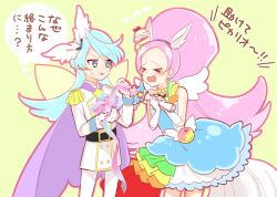 Rule 34 | &gt; &lt;, 1boy, 1girl, aihira (aihira12), animal ears, annoyed, bead choker, beads, belt, belt buckle, black belt, blue dress, blue hair, blue hairband, bow, brother and sister, buckle, buttons, cape, choker, coat, collared jacket, commentary request, cowboy shot, cure parfait, double-breasted, dress, earrings, epaulettes, extra eyes, flying sweatdrops, food, food-themed clothes, food-themed hair ornament, frilled skirt, frilled sleeves, frills, furrowed brow, gloves, green eyes, hair ornament, hairband, heart, heart print, high ponytail, holding, holding ribbon, holding ribbon baton, horse ears, horse girl, horse tail, jacket, jewelry, julio (precure), kirahoshi ciel, kirakira precure a la mode, light blush, long hair, long sleeves, magical boy, magical girl, military uniform, miniskirt, outline, panicking, pants, parfait, pegasus wings, pink bag, pink hair, pink outline, pink ribbon, ponytail, precure, purple cape, ribbon, ribbon baton, short dress, siblings, simple background, skirt, skirt under dress, sleeveless, sleeveless dress, speech bubble, sphere earrings, sweat, swept bangs, tail, tearing up, thought bubble, translation request, triangle mouth, two-tone bag, very long hair, waist bag, waist bow, white bow, white coat, white gloves, white pants, white skirt, white wings, wings, yellow background, yellow bag, yellow choker