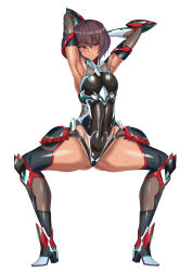 Rule 34 | 1girl, absurdres, arms up, ass, back, bare arms, bare legs, bare shoulders, breasts, brown hair, dark-skinned female, dark skin, embarrassed, full body, gluteal fold, highleg, highleg leotard, highres, legs apart, leotard, looking at viewer, mizuki yukikaze, mizuki yukikaze (future), moaning, no1218, parted lips, pink eyes, shiny skin, short hair, skin tight, small breasts, solo, spread legs, squatting, strapless, sweat, taimanin (series), taimanin rpgx, taimanin suit, taimanin yukikaze, white background