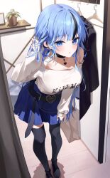 Rule 34 | 1girl, absurdres, belt, black belt, black collar, black hair, black thighhighs, blue eyes, blue hair, blue nails, blue skirt, breasts, clothes hanger, collar, collarbone, ear ornament, full body, hand in own hair, highres, indoors, kuro (rudyan0128), long hair, long sleeves, multicolored hair, nail polish, off-shoulder shirt, off shoulder, original, pleated skirt, shadow, shirt, skirt, solo, standing, streaked hair, thighhighs, two-tone hair, white shirt
