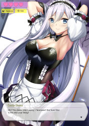 1girl alternate_costume apron armpits arms_behind_head arms_up black_dress black_gloves blue_eyes cecilia_schariac cosplay detached_collar dress english_text enmaided fake_horns female_focus frilled_apron frills gloves heads-up_display heart highres honkai_(series) honkai_impact_3rd horns long_hair maid maid_apron maid_headdress puffy_short_sleeves puffy_sleeves rita_rossweisse rita_rossweisse_(cosplay) rita_rossweisse_(umbral_rose) rita_rossweisse_(umbral_rose)_(cosplay) sheita short_dress short_sleeves shrug_(clothing) silver_hair solo user_interface waist_apron white_apron