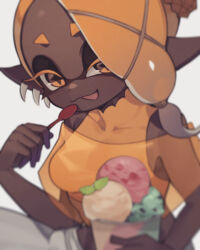 1girl :p asymmetrical_hair bare_shoulders breasts closed_mouth colored_eyelashes commentary crop_top dark-skinned_female dark_skin earrings film_grain food forehead frye_(deep_cut_outfit)_(splatoon) frye_(splatoon) hair_ornament highres holding holding_food holding_ice_cream holding_spoon ice_cream ice_cream_cup inkling jewelry long_hair long_pointy_ears medium_breasts midriff multiple_earrings nintendo orange_eyes orange_hair orange_shawl orange_shirt pants pointy_ears prat_rat see-through_clothes see-through_shawl shawl shirt short_eyebrows solo splatoon_(series) splatoon_3 spoon star-shaped_pupils star_(symbol) symbol-only_commentary symbol-shaped_pupils tentacle_hair tongue tongue_out white_pants x_hair_ornament