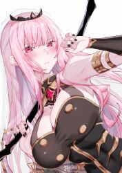 1girl absurdres artist_name black_dress black_nails black_tiara blush breasts cleavage closed_mouth dress fingernails highres holding holding_scythe hololive hololive_english kamiya_maneki large_breasts long_hair looking_at_viewer mori_calliope mori_calliope_(1st_costume) nail_polish pink_eyes pink_hair scythe see-through_clothes see-through_veil signature simple_background solo tiara twitter_username veil virtual_youtuber white_background white_veil