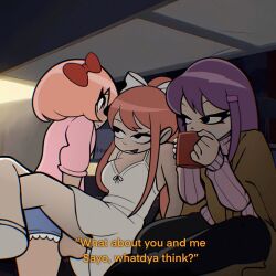3girls bare_shoulders black_pants bow breasts ceiling closed_mouth cup doki_doki_literature_club dress dress_ribbon drinking eyelashes flirting hair_bow hair_ornament hairclip highres indoors large_breasts leg_lift long_hair looking_at_another looking_to_the_side looking_up medium_hair monika_(doki_doki_literature_club) mug multiple_girls nattydodo_002 open_mouth pants pink_hair pink_shirt purple_hair purple_sweater red_bow red_hair sayori_(doki_doki_literature_club) scott_pilgrim_(series) scott_pilgrim_takes_off shirt short_shorts shorts sitting sleeveless sleeveless_dress smile standing subtitled sweater white_bow white_dress yuri_(doki_doki_literature_club)
