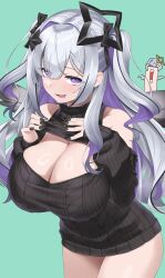 Rule 34 | 2girls, absurdres, amane kanata, amane konata, black bow, black nails, black sleeves, black sweater, blush, bow, breasts, cleavage cutout, clothing cutout, detached sleeves, fingernails, floating headgear, grey hair, grey wings, hair bow, headgear, highres, hololive, huge breasts, jewelry, licking lips, long hair, long sleeves, multiple girls, nail polish, necklace, pink lips, purple eyes, purple hair, ribbed sleeves, ribbed sweater, simple background, smile, solo focus, sweater, thighs, tongue, tongue out, virtual youtuber, wings, yumemori jabara