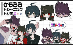 1girl 2boys animal_ears black_jacket black_sailor_collar brown_eyes cat_ears cat_girl cat_tail collared_shirt danganronpa_(series) danganronpa_v3:_killing_harmony dog_boy dog_ears dog_tail earrings facial_hair gaba33 goatee grin hair_ornament hair_scrunchie highres jacket jewelry multiple_boys open_clothes open_shirt pink_jacket print_shirt red_eyes red_scrunchie red_shirt saihara_shuichi sailor_collar scrunchie selfie shirt simple_background smile speech_bubble striped_clothes striped_jacket tail teeth v white_background white_shirt wolf_boy wolf_ears wolf_tail
