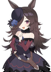 1girl absurdres animal_ears bare_shoulders black_dress black_hat black_nails brown_hair collarbone commentary dagger dress fingernails hair_over_one_eye hand_on_own_hip hat highres horse_ears horse_girl index_finger_raised knife long_hair long_sleeves looking_at_viewer nail_polish off_shoulder one_eye_covered open_mouth pink_eyes rice_shower_(umamusume) sheath sheathed solo sweatdrop torry912 umamusume weapon