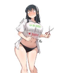 Rule 34 | 1girl, black hair, black pantyhose, blush, breasts, commentary request, cutting clothes, hairband, holding, holding scissors, jk arts, large breasts, long hair, midriff, navel, pantyhose, red eyes, scissors, shirt, simple background, solo, spanish commentary, spy x family, twitter cutting game, twitter strip game, twitter username, white hairband, white shirt, yor briar