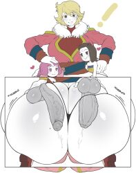 1girl 2futa age_difference ass baten_kaitos blonde_hair breasts brown_hair clothed_sex erection futa_with_female futanari hand_on_another&#039;s_head huge_ass huge_penis huge_testicles large_penis looking_at_viewer multiple_futa nude panties penis pink_hair simple_background size_difference string_panties testicles thanuki veins veiny_penis white_background xelha_(baten_kaitos)