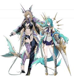 2girls absurdres ahoge animal_ears ankle_fins armored_boots ascot bare_shoulders black_sclera blonde_hair blue_ascot blue_eyes boots breasts colored_eyelashes colored_sclera commentary_request dress fins full_body gauntlets green_hair green_veil hair_between_eyes hair_over_one_eye highres holding holding_polearm holding_weapon horns horse_ears horse_girl imperator_(wuthering_waves) knee_boots lance large_breasts leviathan_(wuthering_waves) long_hair long_horns looking_at_viewer monster_girl multiple_girls multiple_views mutation navel one_eye_closed parted_lips personification polearm reference_sheet simple_background single_horn single_thighhigh smile stomach tacet_mark_(wuthering_waves) tail thighhighs thighs transparent_background veil very_long_hair weapon white_background white_dress white_thighhighs will2012tw wuthering_waves yellow_eyes yellow_horns