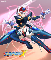 Rule 34 | 1girl, ahoge, armor, artist name, axl (mega man), axl (mega man) (cosplay), black armor, black boots, boots, breasts, cleavage, clenched hands, closed mouth, cosplay, covered navel, dual wielding, elbow gloves, gloves, gradient background, grey hair, gun, handgun, highres, holding, large breasts, leaping, long hair, looking to the side, pistol, purple eyes, red background, robarts hallway, senki zesshou symphogear, smile, solo, thigh boots, very long hair, weapon, white gloves, yukine chris