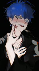 1boy black_background black_collar black_haori bleeding blood blood_on_chest blood_on_face blood_on_neck blue_eyes blue_hair blush collar earrings eyepatch face_piercing fingernails haori highres injury jacket japanese_clothes jewelry labret_piercing male_focus nose_blush omokage_yugamu parted_lips piercing ring saliva self-harm sharp_fingernails simple_background solo sweat the_hundred_line_-last_defense_academy- upper_body zai_ya