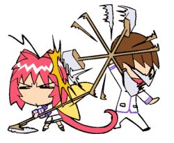 1boy 1girl ahoge animated animated_gif annoyed bow broom brown_hair closed_mouth dot_mouth hair_bow kagami_sumika lowres mop muv-luv muv-luv_supplement open_mouth pink_hair ponytail school_uniform shirogane_takeru short_hair smile tagme