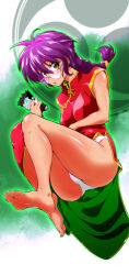1girl absurdres aota13 arm_under_breasts bare_legs barefoot braid breasts brown_eyes china_dress chinese_clothes dress feet from_below glasses highres holding holding_toy medium_breasts oogami_ichirou open_mouth panties purple_hair red_dress ri_kouran round_eyewear sakura_taisen sidelocks solo toy toy_robot twin_braids underwear white_panties