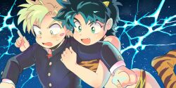 Rule 34 | 2boys, animal print, battle tendency, bikini, blonde hair, caesar anthonio zeppeli, cosplay, electricity, electrokinesis, facial mark, fang, fur bikini, gakuran, green eyes, green hair, horns, jojo no kimyou na bouken, joseph joestar, joseph joestar (young), kirikabu-yume, lum, lum (cosplay), male focus, moroboshi ataru, moroboshi ataru (cosplay), multiple boys, parody, print footwear, school uniform, strapless, strapless bikini, style parody, sweatdrop, swimsuit, tiger panties, tiger print, urusei yatsura