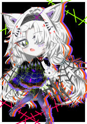 1girl absurdres animal_ears black_hairband black_pantyhose character_name chibi fang grey_eyes hair_intakes hairband halloween_costume high_heels highres long_hair mechanical_ears no._21:_feral_scent_(pgr) no._21_(pgr) open_mouth pantyhose punishing:_gray_raven silk sleeves_past_fingers sleeves_past_wrists solo spider_web white_hair wolf_ears yellow_pupils