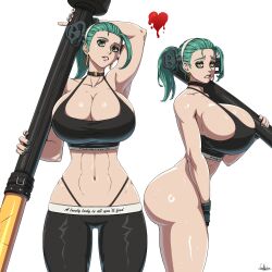 1girl a.b.a absurdres aqua_hair arm_up armpits artist_request ass bags_under_eyes bottomless breasts choker cleavage curvy earrings female_focus fingerless_gloves gloves green_eyes guilty_gear guilty_gear_strive heart highres hoop_earrings huge_ass huge_breasts jewelry looking_at_viewer medium_hair nail_polish navel ponytail sideboob skindentation solo sweat thong