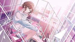 1girl belt bow building choker gauze_on_hip highres higuchi_madoka idolmaster idolmaster_shiny_colors long_sleeves open_mouth pink_nails see-through_clothes shorts side_ponytail sitting stairs white_bow