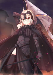 1girl absurdres ahoge armor black_armor blush breasts checkered_flag dress fate/grand_order fate_(series) fire flag grey_hair headpiece highres holding holding_flag jeanne_d&#039;arc_alter_(fate) large_breasts looking_at_viewer nugi_(armenci) short_hair smile solo thighhighs white_flag yellow_eyes