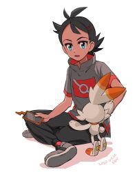 1boy black_pants blue_eyes dated eyelashes fon-due_(fonfon) gen_4_pokemon gen_8_pokemon goh_(pokemon) grey_footwear grey_shirt hair_ornament hairclip looking_at_viewer male_focus nintendo open_mouth pants pokemon pokemon_(anime) pokemon_(creature) pokemon_journeys rotom rotom_phone scorbunny shirt short_hair signature simple_background sitting t-shirt white_background