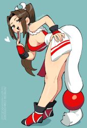 1girl 333_(dqqqdle) arm_guards bent_over breasts brown_eyes brown_hair fatal_fury feet_up folding_fan hand_fan hand_on_own_hip japanese_clothes long_hair looking_back motoyui ponytail revealing_clothes shiranui_mai sideboob solo standing the_king_of_fighters thighs