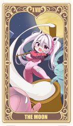 1girl absurdres alice_(nikke) animal_ear_headphones animal_ears blush bodysuit breasts covered_navel deformed fake_animal_ears food goddess_of_victory:_nikke headphones headset highres holding holding_mallet impossible_bodysuit impossible_clothes jacket kine kurono_suzuran large_breasts latex latex_bodysuit long_hair mallet mochi mochi_trail mochitsuki moon_rabbit mortar_(bowl) open_mouth pink_bodysuit pink_eyes rabbit_ears shrug_(clothing) skin_tight smile solo tarot the_moon_(tarot) twintails