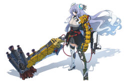 1girl absurdres black_skirt blue_eyes blue_hair boots counter:side eyepatch full_body high_heels highres holding holding_weapon huge_weapon long_hair looking_at_viewer maxilax mechanical_arms prosthesis purple_hair shadow simple_background single_mechanical_arm skirt solo standing thigh_boots thighhighs very_long_hair weapon white_background white_hair