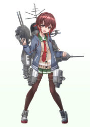 Rule 34 | 1girl, adapted costume, adapted turret, argyle clothes, argyle pantyhose, beige cardigan, blue jacket, brown eyes, brown hair, cannon, cardigan, commentary request, crescent, crescent pin, full body, gradient hair, green skirt, highres, jacket, kantai collection, looking at viewer, machinery, minosu, multicolored hair, mutsuki (kancolle), necktie, original remodel (kantai collection), pantyhose, pleated skirt, red hair, red necktie, school uniform, serafuku, ship turret, short hair, simple background, skirt, smokestack, solo, standing, torpedo launcher, white background