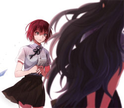 10s 2girls back bad_id bad_pixiv_id black_hair crying crying_with_eyes_open danganronpa_(series) danganronpa_2:_goodbye_despair freckles green_eyes koizumi_mahiru long_hair multiple_girls okuragon photo_(object) red_hair satou_(danganronpa) school_uniform short_hair simple_background solo_focus tears very_long_hair white_background wide-eyed