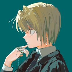 1boy arm_up black_jacket black_necktie blonde_hair collared_shirt commentary earrings finger_to_mouth green_background hand_chains hantasuki99405 highres hunter_x_hunter jacket jewelry kurapika lapels layered_sleeves long_sleeves looking_ahead male_focus necktie notched_lapels parted_lips piercing profile shirt short_hair simple_background solo suit_jacket symbol-only_commentary white_shirt wing_collar
