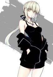 10mo 1girl artoria_pendragon_(fate) bare_shoulders black_camisole black_jacket black_ribbon black_shirt breasts camisole chewing_gum clothes_pull collarbone fate/grand_order fate_(series) female_focus hair_ribbon hands_in_pockets highres jacket jacket_pull jewelry long_hair looking_at_viewer medium_breasts official_alternate_costume open_clothes open_jacket partially_unzipped pendant ponytail ribbon saber_alter saber_alter_(ver._shinjuku_1999) saber_alter_(ver._shinjuku_1999)_(fate) shirt sidelocks silver_hair sleeveless sleeveless_shirt solo strap_gap yellow_eyes zipper