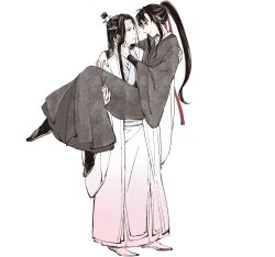 2boys black_boots black_eyes black_hair black_hanfu boots carrying chinese_clothes closed_mouth couple eye_contact full_body hair_ribbon hand_on_another&#039;s_neck hanfu headband high_ponytail highres lan_wangji limited_palette long_hair long_sleeves looking_at_another male_focus modao_zushi multiple_boys ponytail princess_carry profile red_ribbon ribbon robe shoes sidelocks simple_background smile standing topknot very_long_hair w2biiro wei_wuxian white_background white_boots white_hanfu white_headband wide_sleeves xiao_guan_(headdress) yaoi