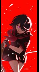 1girl black_hair bleach bleach:_sennen_kessen-hen hair_between_eyes hair_over_one_eye highres japanese_clothes karakura_high_school_uniform kuchiki_rukia looking_at_viewer m1rimorinku purple_eyes school_uniform shirt short_hair simple_background skirt smile solo tongue tongue_out weapon