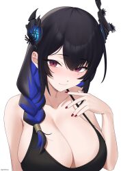 1girl absurdres alternate_hairstyle asymmetrical_horns black_camisole black_flower black_hair black_horns blue_hair blush braid breasts camisole cleavage closed_mouth collarbone colored_inner_hair commentary demon_horns english_commentary fingernails flower gototo_touma hair_between_eyes hair_over_shoulder hand_up highres hololive hololive_english horn_flower horns large_breasts long_fingernails looking_at_viewer mole mole_under_eye multicolored_hair nail_polish nerissa_ravencroft red_eyes red_nails simple_background single_braid smile solo twitter_username two-tone_hair uneven_horns upper_body virtual_youtuber white_background