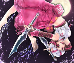 beret breasts brown_eyes brown_hair cleavage dagger detached_sleeves feet fishnet_sleeves fishnets hat jumping knife kunoichi_(sengoku_musou) midriff moon navel ninja sengoku_musou sideboob smile upside-down water water_drop weapon