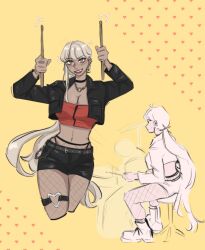 1girl alternate_costume black_jacket black_shorts blonde_hair breasts brown_eyes cleavage dark-skinned_female dark_skin drumsticks female_focus full_body highres holding holding_drumsticks jacket kawana_tsubasa large_breasts long_hair looking_at_viewer multiple_views navel official_alternate_costume shorts simple_background sitting the_hundred_line_-last_defense_academy- yellow_background