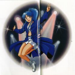 1990s_(style) 1girl alternate_costume blue_hair botan_(yu_yu_hakusho) breasts closed_mouth flying full_body high_ponytail highres japanese_clothes jumping long_hair looking_at_viewer multiple_views navel oar official_art open_mouth ponytail purple_eyes retro_artstyle scan shoes shorts simple_background sitting smile sneakers v wide_sleeves yuu_yuu_hakusho