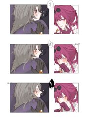 !? 2girls ? absurdres black_gloves blush closed_eyes cunnilingus dashed_eyes eyewear_on_head gloves grey_hair hashtag-only_commentary head_between_thighs highres honkai:_star_rail honkai_(series) kafka_(honkai:_star_rail) long_hair multiple_girls oral pari parted_lips purple_eyes shared_speech_bubble speech_bubble spoken_interrobang spoken_question_mark stelle_(honkai:_star_rail) trailblazer_(honkai:_star_rail) yuri