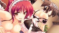 Rule 34 | 1boy, 2girls, amazuyu tatsuki, arm garter, blush, breasts, brown eyes, brown hair, dutch angle, frills, game cg, girl on top, headdress, indoors, kousaka tamaki, long hair, looking at viewer, maid, maid headdress, manaka de ikuno!!, mitsumi misato, multiple girls, panties, pink panties, pov, red eyes, short hair, skirt, sweat, to heart (series), to heart 2, underwear, yuzuhara konomi
