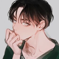 1boy brown_hair close-up commentary_request eyelashes green_shirt grey_shirt head_rest highres k-pop looking_at_viewer male_focus penpenguin17 real_life s.coups seventeen_(group) shirt short_hair simple_background solo