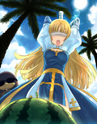 1girl arch_bishop_(ragnarok_online) blindfold blonde_hair blue_dress blue_sky blunt_bangs breasts cleavage_cutout clothing_cutout cloud commentary_request cowboy_shot cross dated_commentary dress food from_below fruit galapago_(ragnarok_online) galapagos_penguin juliet_sleeves lens_flare long_hair long_sleeves medium_breasts open_mouth palm_tree pelvic_curtain puffy_sleeves ragnarok_online sash sky solo suikawari sun sunglasses tree two-tone_dress watermelon white_blindfold white_dress yakka yellow_sash