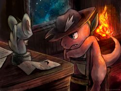 bandana bandana_around_neck blue_eyes chair charmander closed_mouth clothed_pokemon cowboy_hat fangs fire flame-tipped_tail gen_1_pokemon gen_5_pokemon hat haychel highres indoors letter minccino night nintendo no_humans nostrils pokemon pokemon_(creature) pokemon_mystery_dungeon sitting sitting_backwards star_(sky) tail